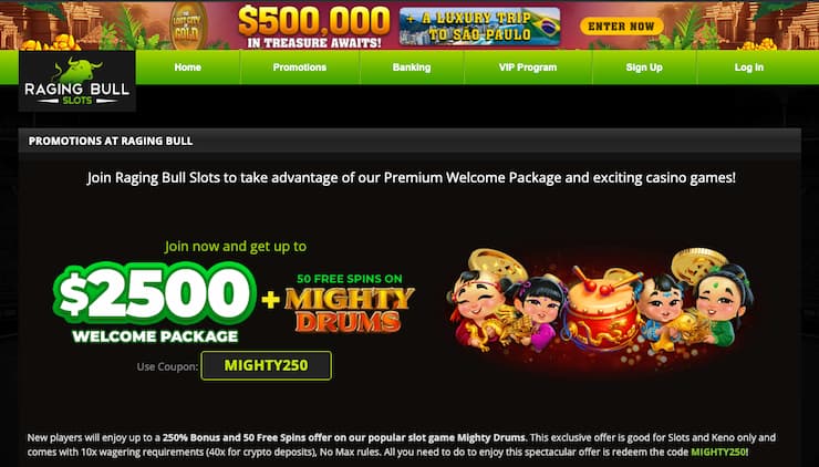 Featured promos on Raging Bull, a top option among gambling sites that accept prepaid cards.